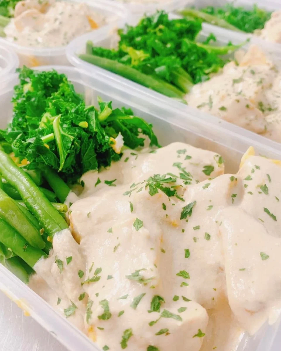 Chicken in a creamy sauce with kale and green beans