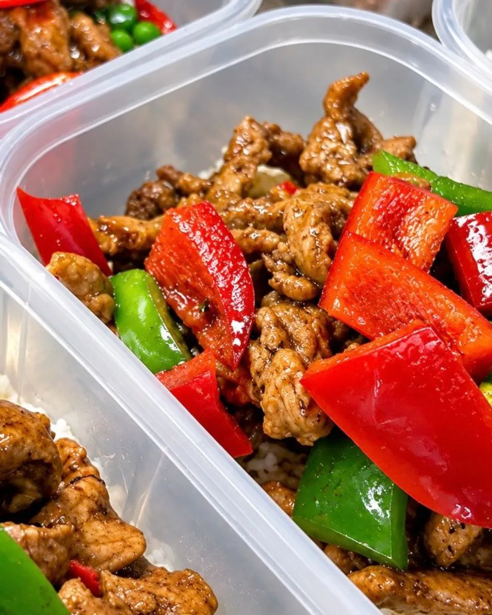 Glazed strips with peppers on rice
